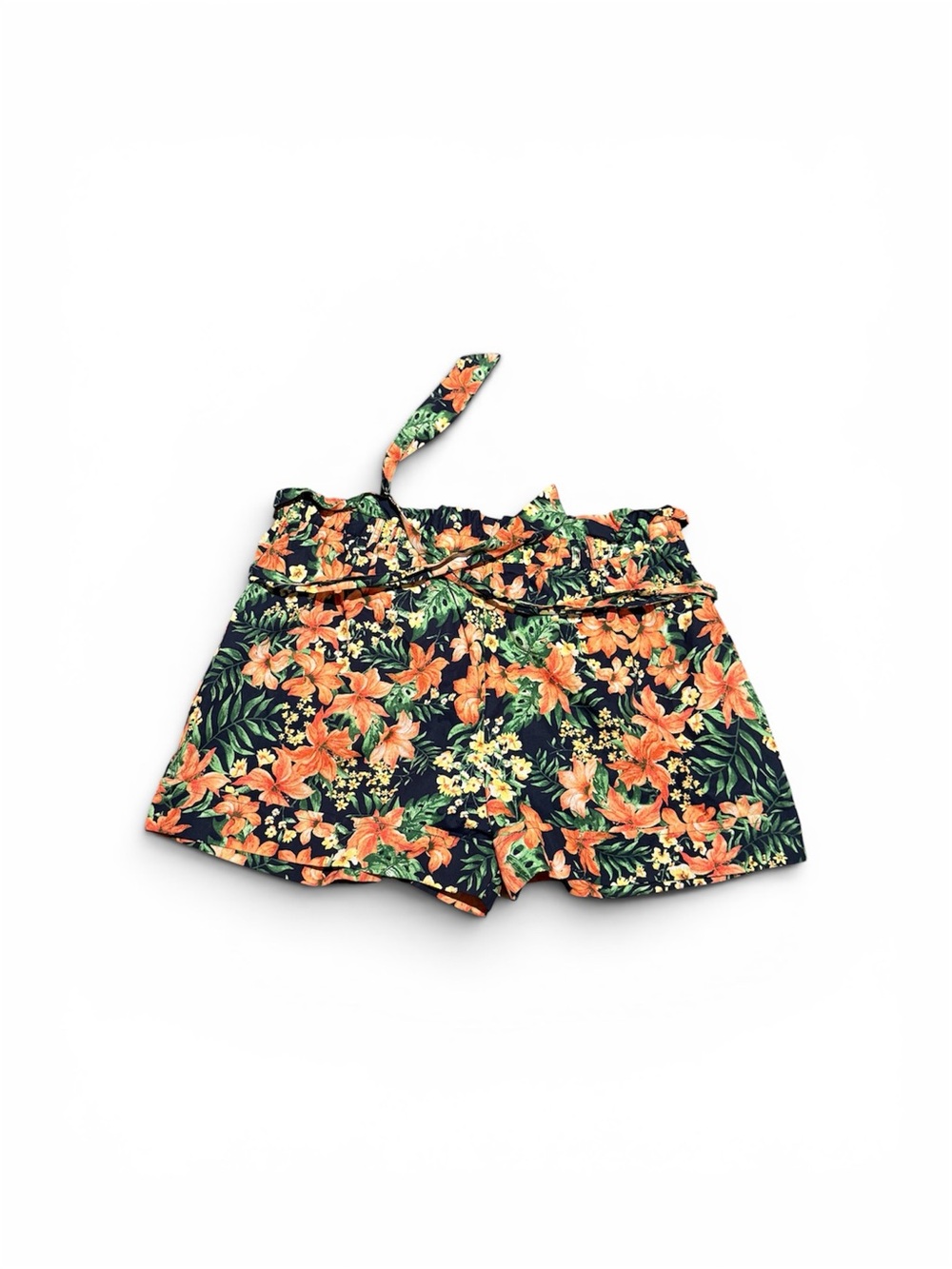 New Look Navy Floral Tie-Waist Shorts with Orange and Yellow Blooms